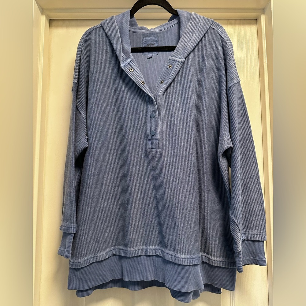 Aerie Blue Textured Knit Hooded Long Length Sweater